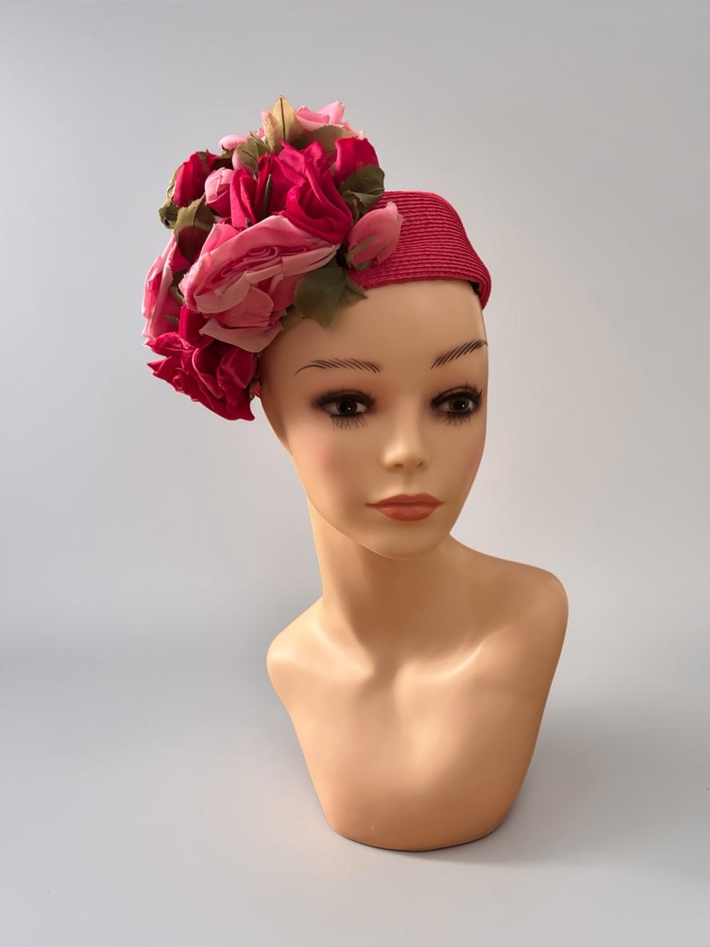 Jan Leslie Vintage Fascinator Hat w/ Pink and Fuchsia Roses & Green Leaves